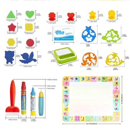 Size chart of the mat, pens, stamps and stencils included in the set