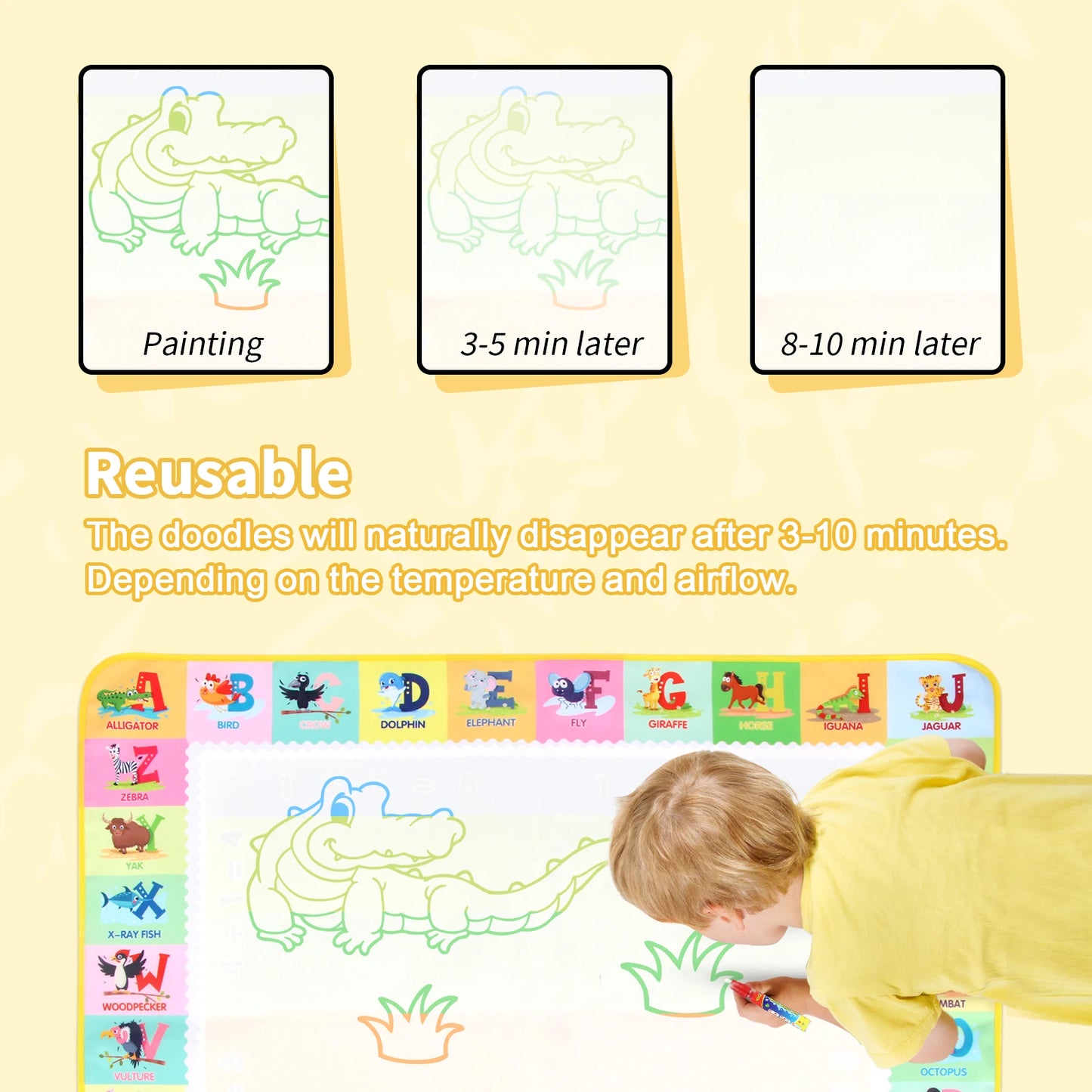 Drawings fade back to blank within minutes so the mat is reusable