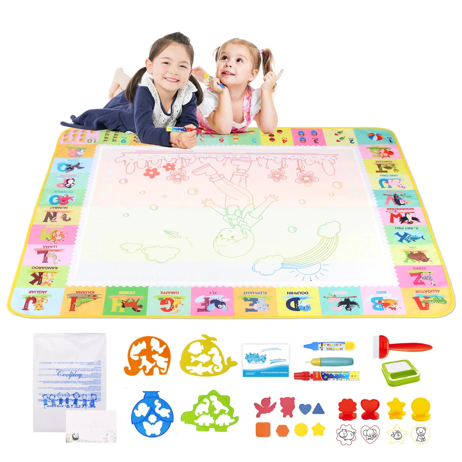 Two kids drawing together on the Vestra Doodle Mat XL with the full accessory set