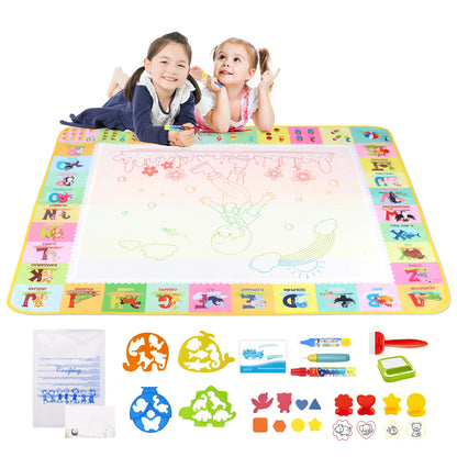 Two kids drawing together on the Vestra Doodle Mat XL with the full accessory set