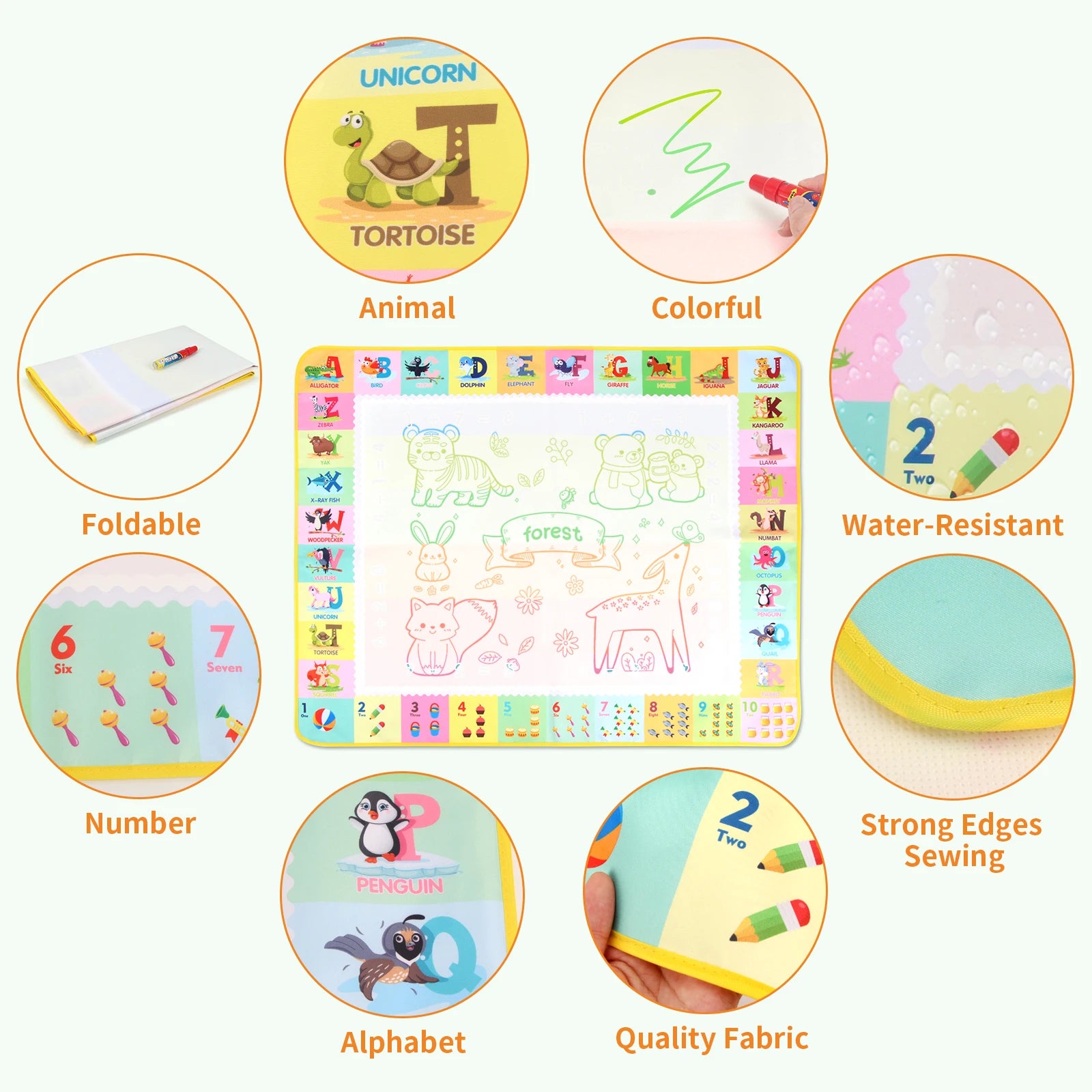 Doodle Mat XL features: foldable, water-resistant, alphabet and number border