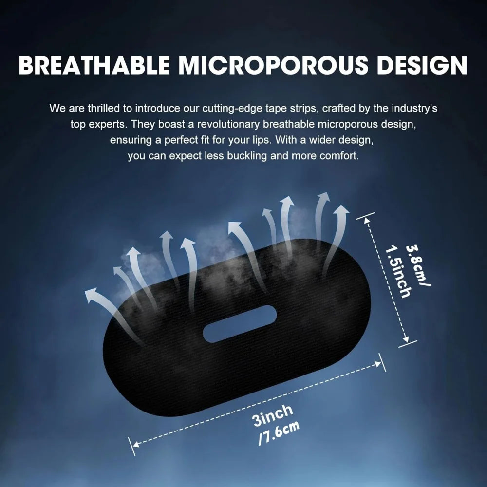 Breathable microporous mouth tape strip with center vent, about 3 by 1.5 inches