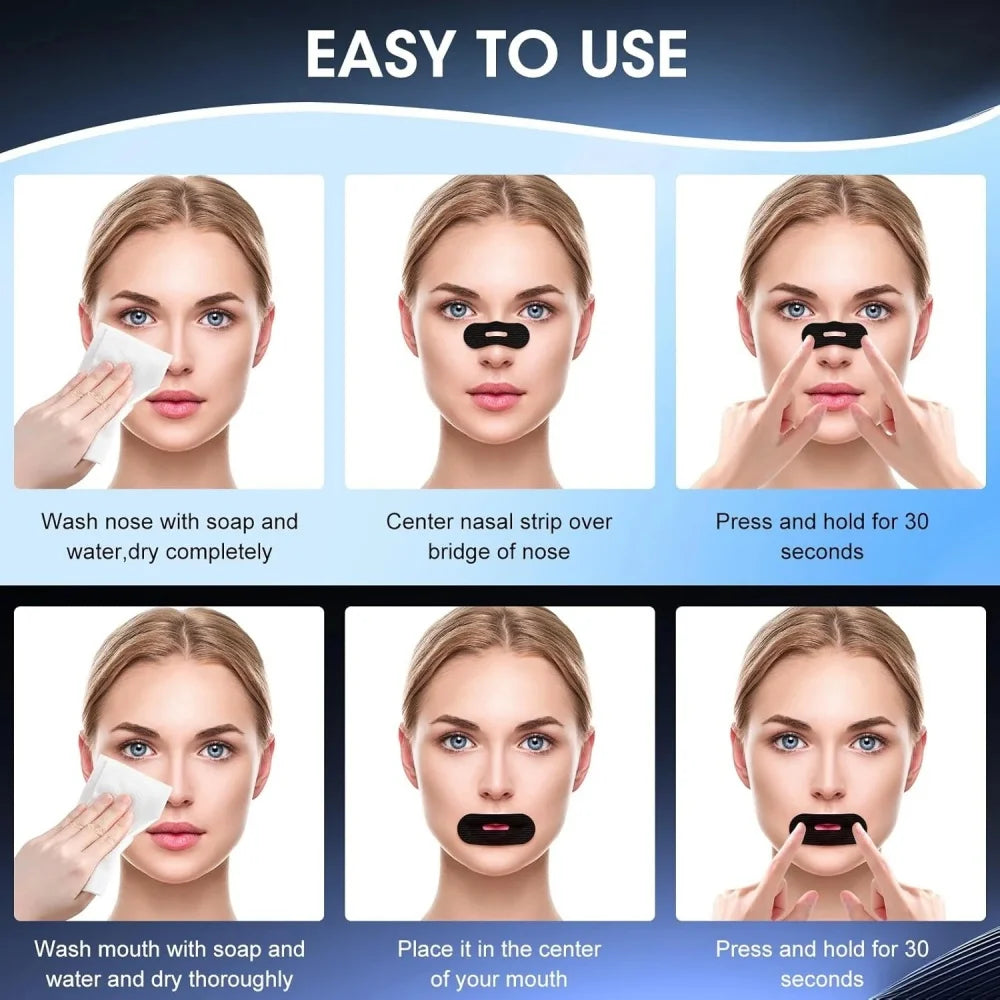Step-by-step application of nasal strip and mouth tape