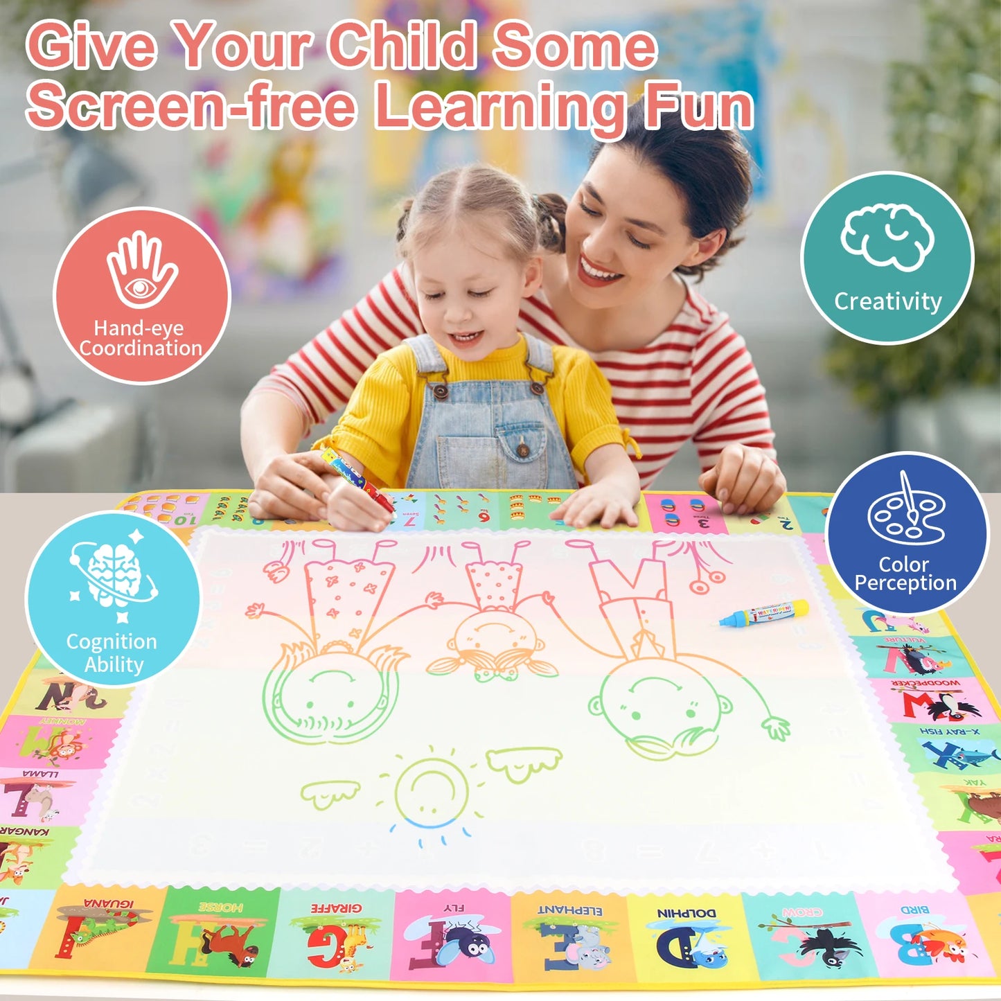 Mom and daughter drawing on the water doodle mat at home