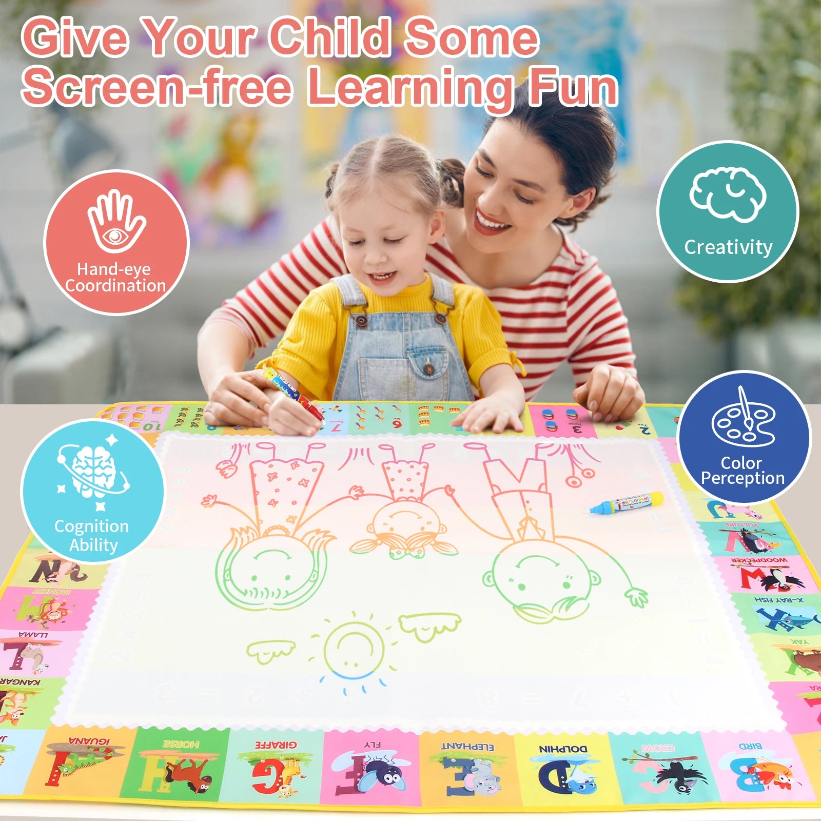 Mom and daughter drawing on the water doodle mat at home