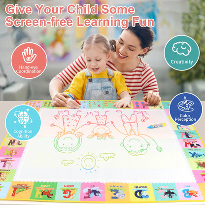Mom and daughter drawing on the water doodle mat at home